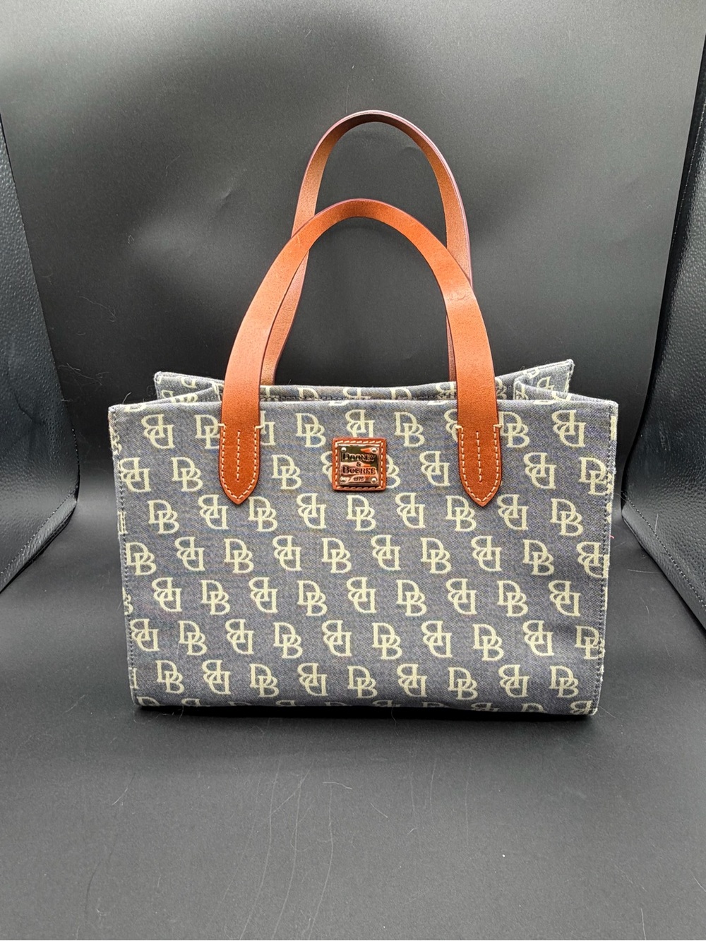 Dooney & Bourke DB 1975 Gray Denim Signature Logo Tote Tan Leather Straps